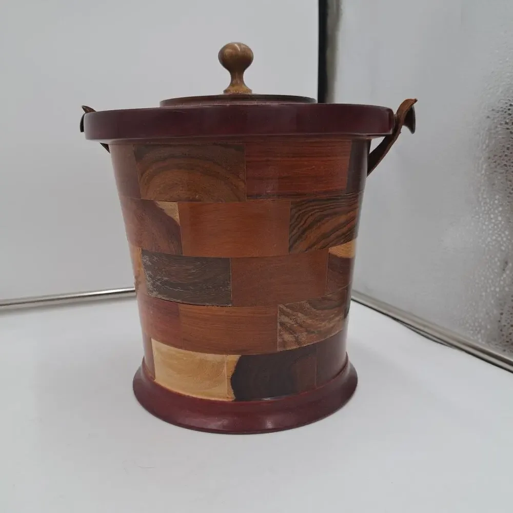 Unique Handmade round stacked wood lined ice bucket Wine Champagne chiller MCM